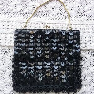 Vintage Black Sequined Evening Bag Handmade in Hong Kong